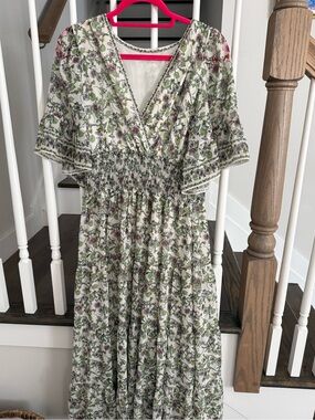 Max Studio Floral V-Neck Maxi Dress in White and Green
